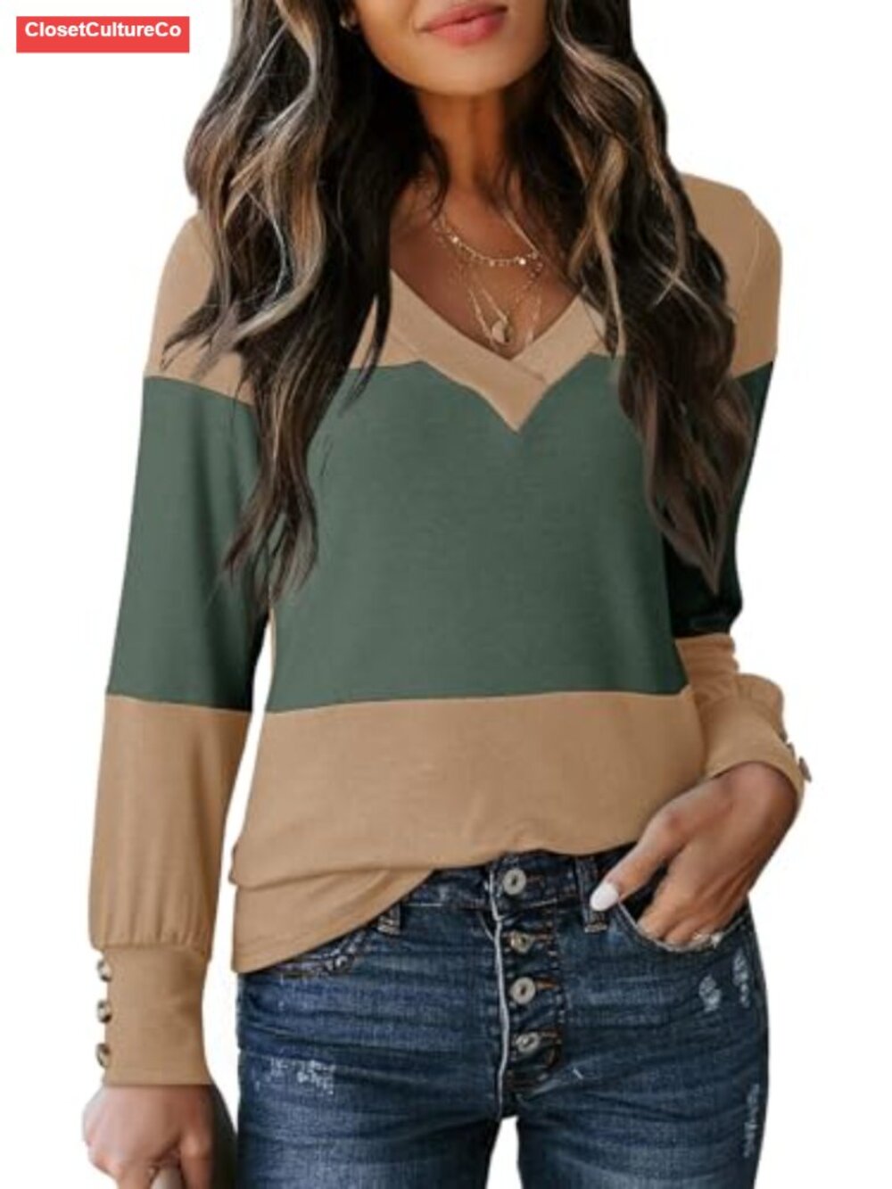 Womens Long Sleeve V Neck Color Block Pullover Tunic Sweater Blouse